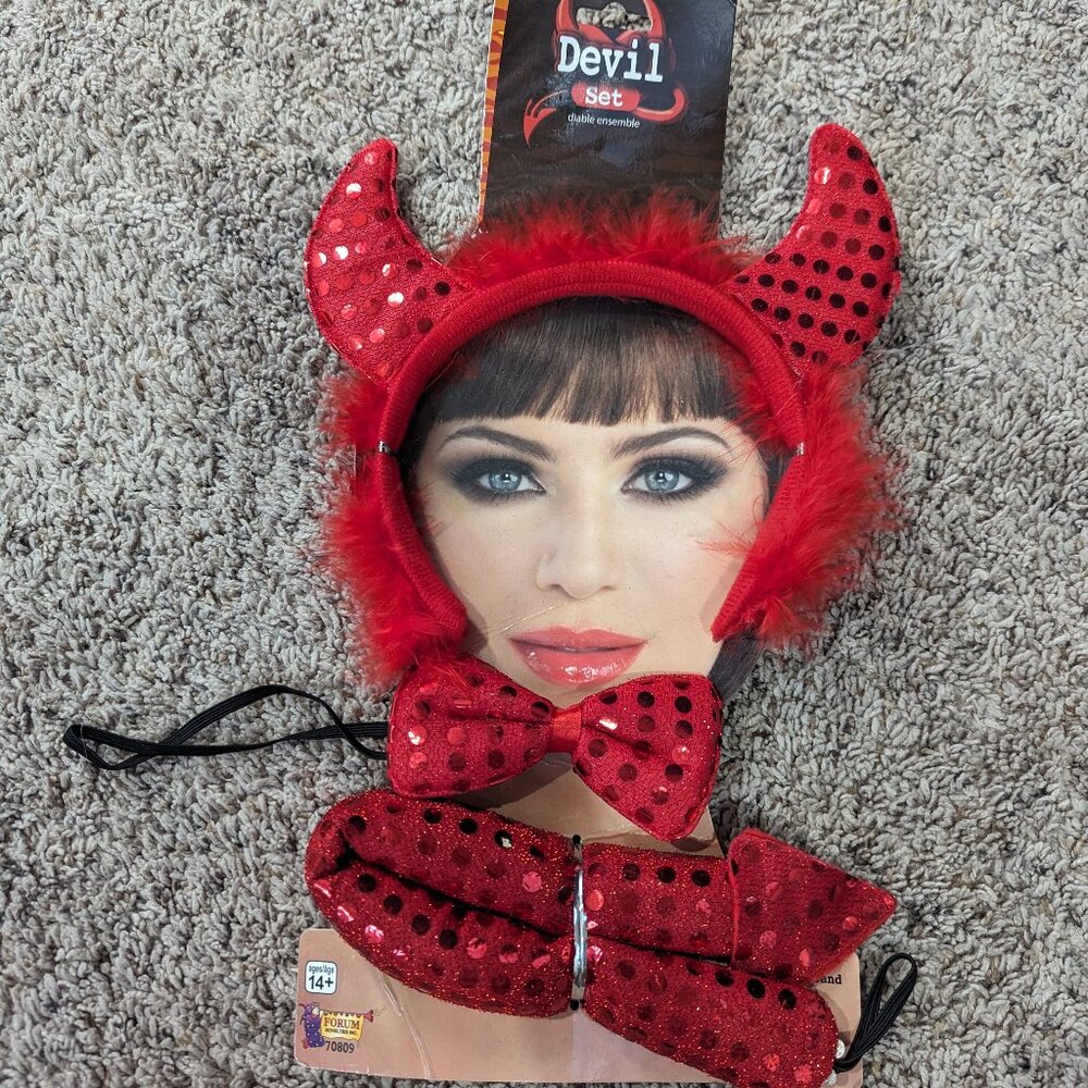3 Pcs Halloween Devil Costume Set W/ Sequin Red Horns Headband, Neck Bow Tie Tai